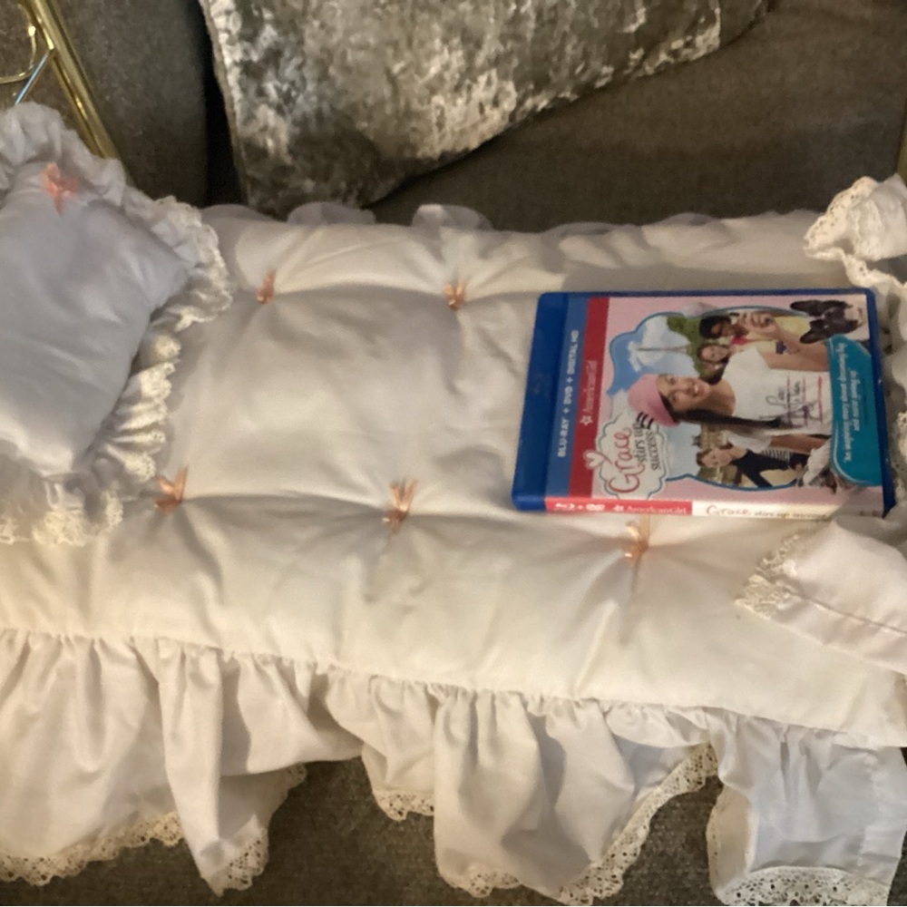 American Girl White Doll Bed with Pink Embroidered Accents and Gold Frame - Picture 3 of 3